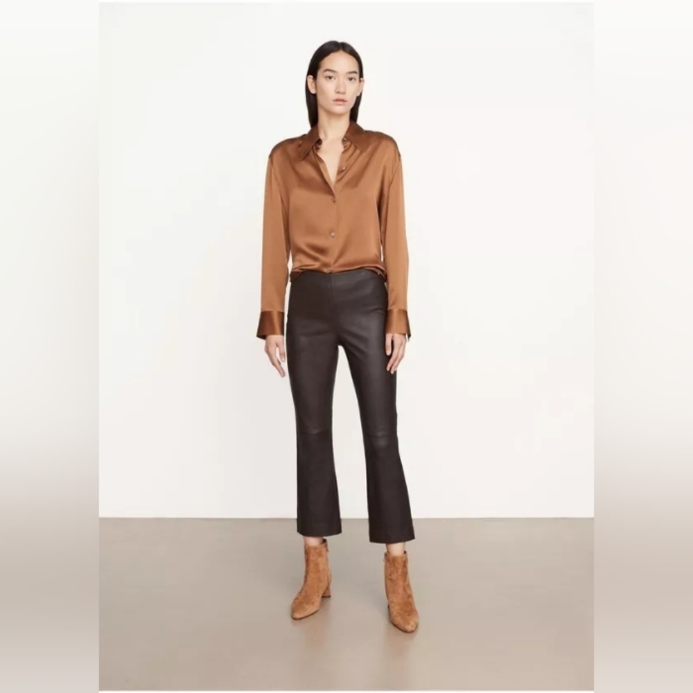 VINCE Women's Leather Pants Brown  Stretch  Cropped Flare Leggings Size L